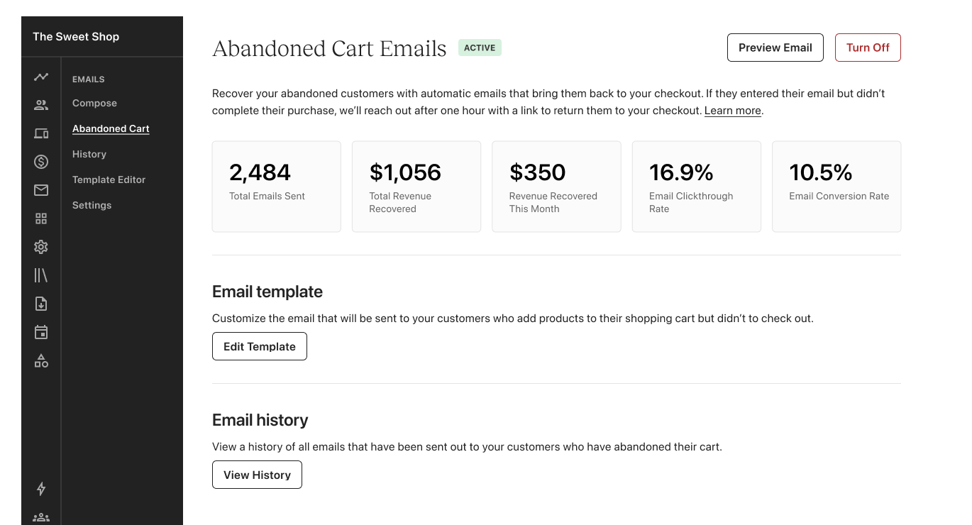 Abandoned Cart Emails admin page, Pro tier, active state