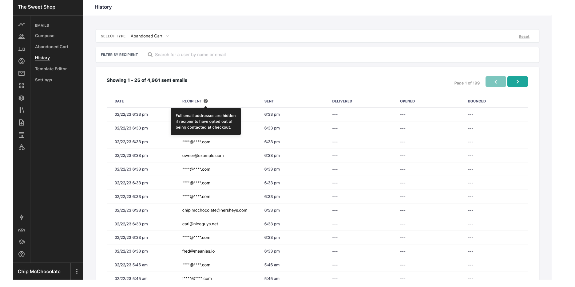 Email History filtered to Abandoned Cart, Pro view, with masked recipient column