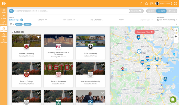 College Search split view: result cards beside the map