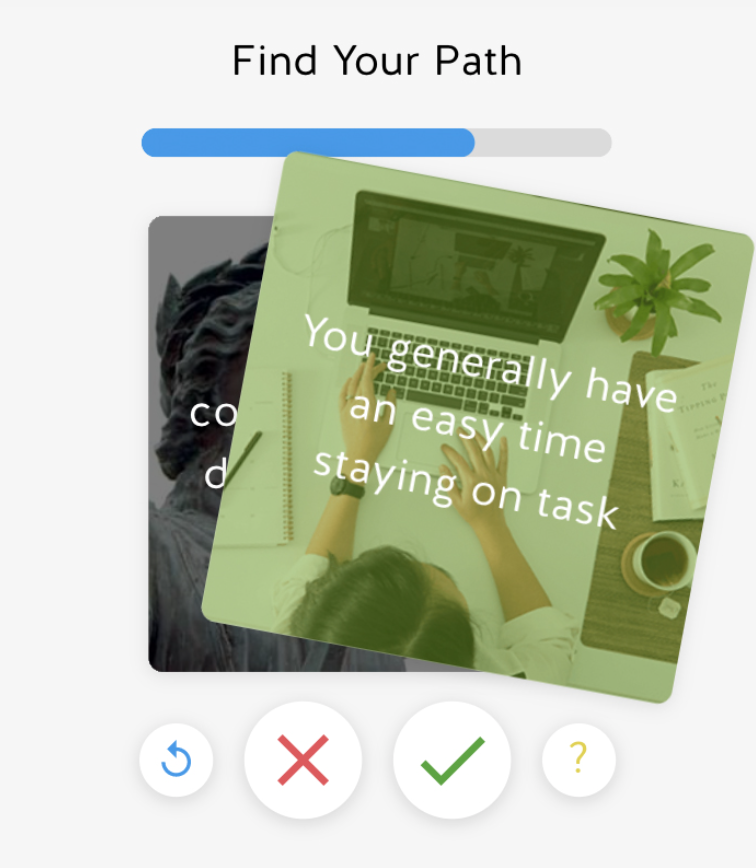 Find Your Path swipe-card assessment interaction