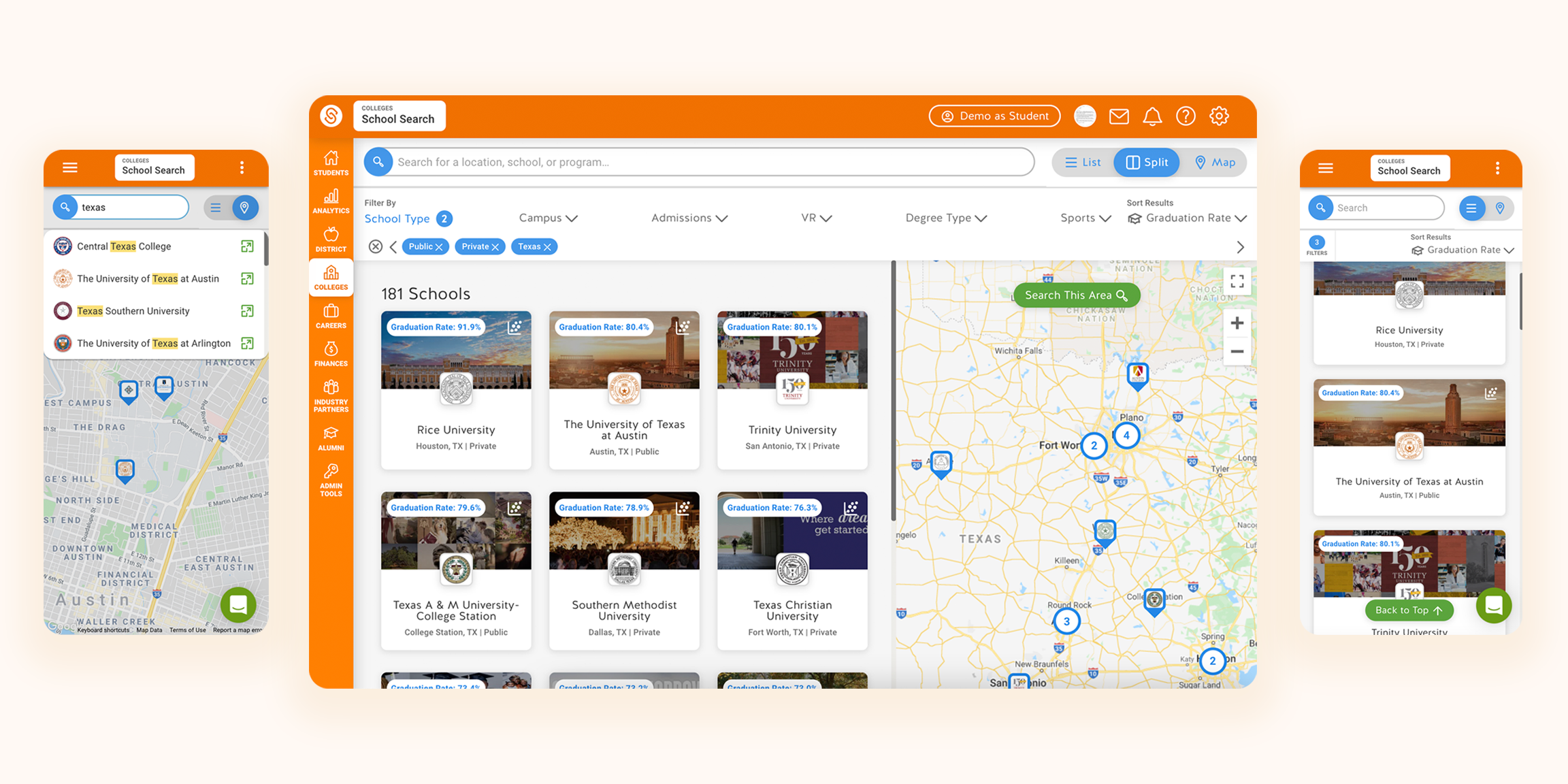 College Search in split view on desktop, with the list and map views on mobile