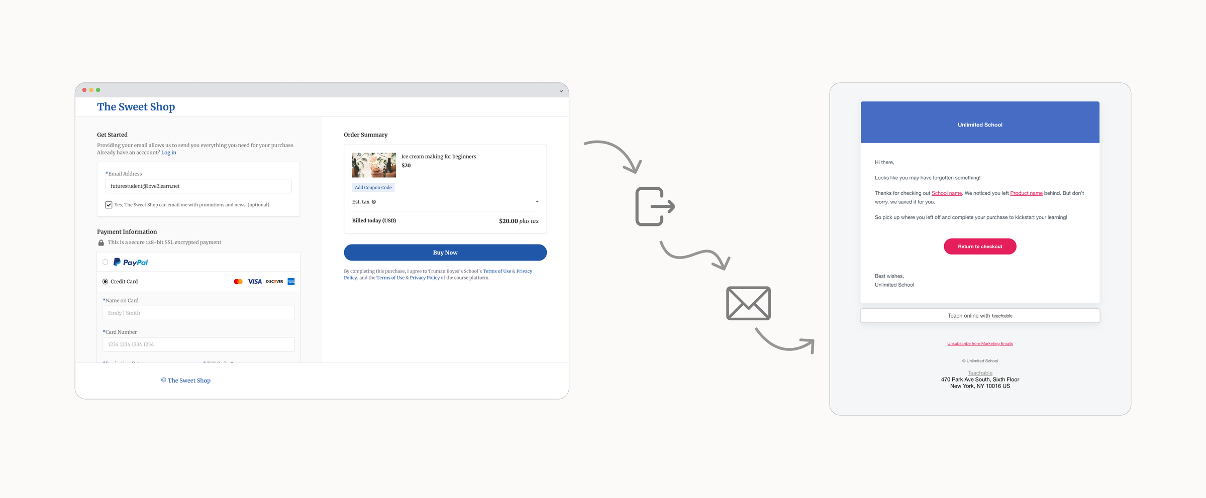 The student recovery email beside the pre-filled return-to-checkout screen