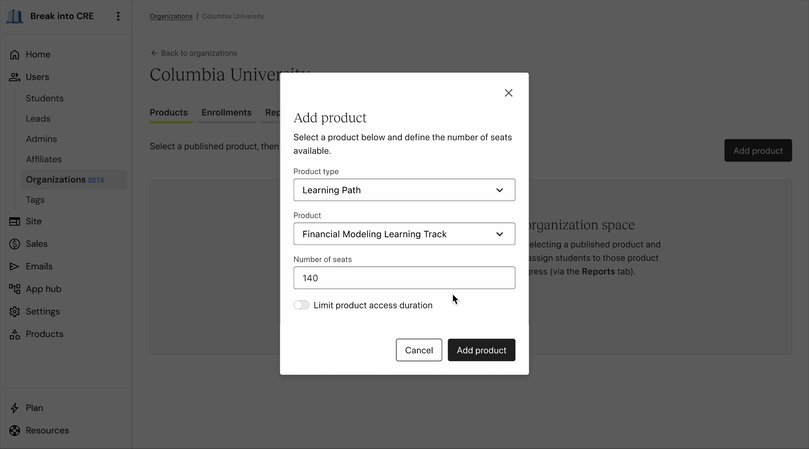 Add product modal with seat-count field