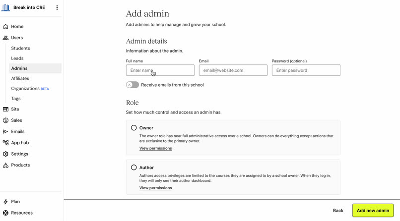 Creating an org admin