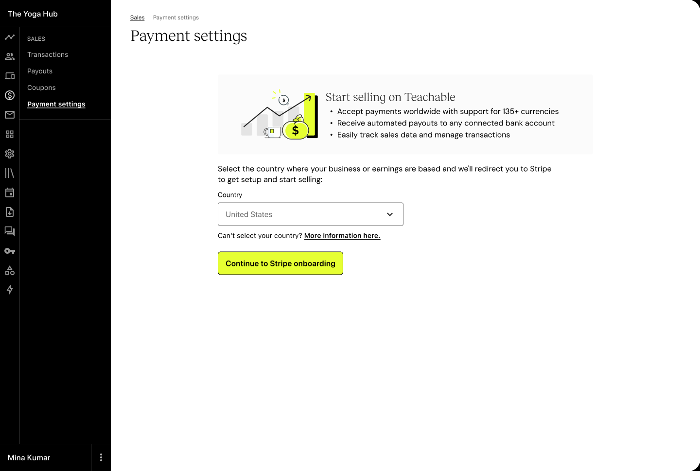 Payment settings empty state with country select and continue to Stripe onboarding