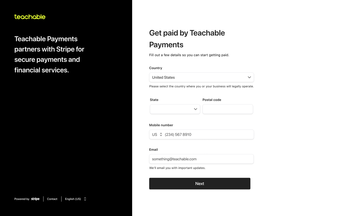 Co-branded Stripe onboarding carrying the Teachable mark