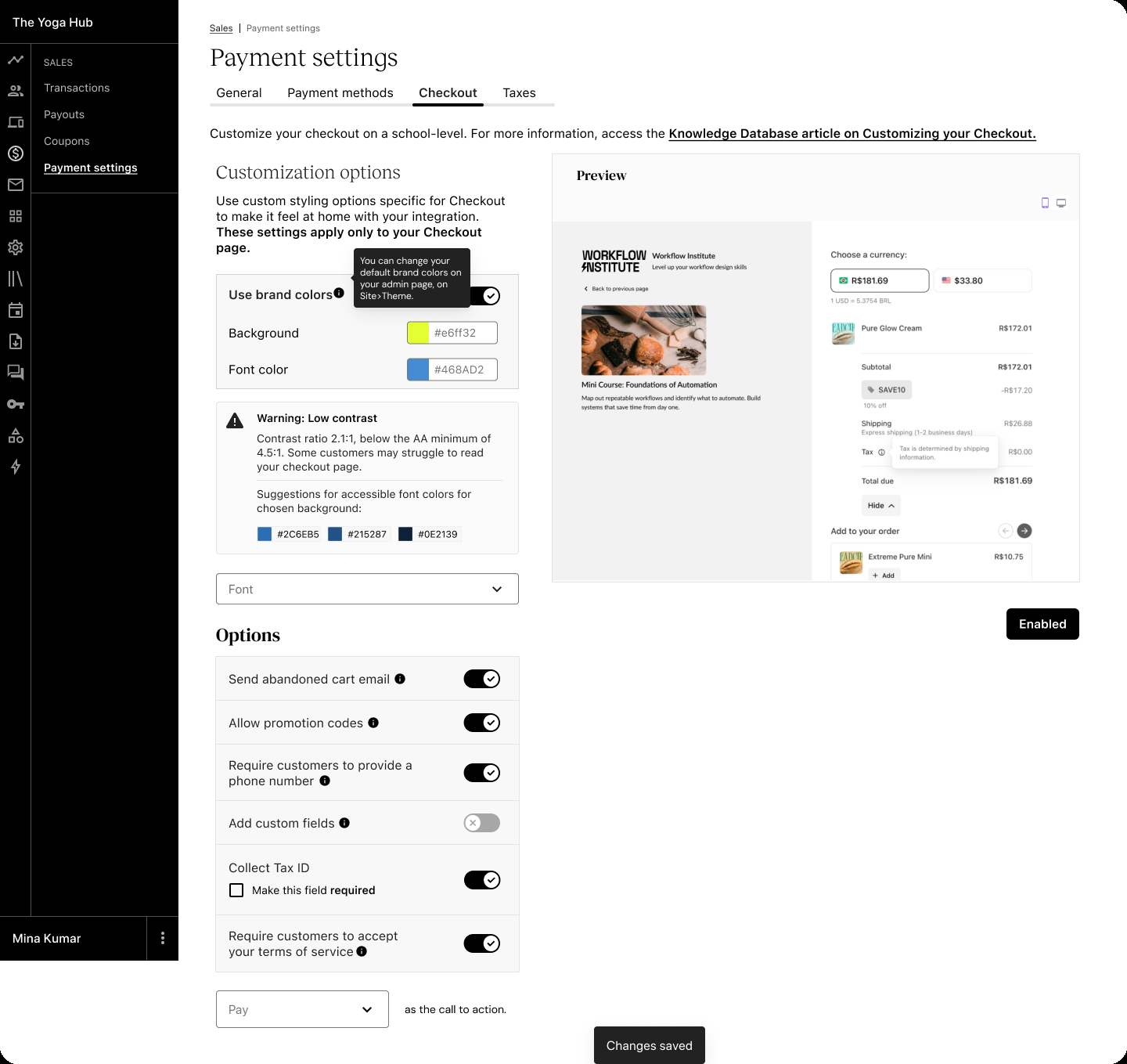 Checkout customization tab with brand colors, contrast warning, and live preview