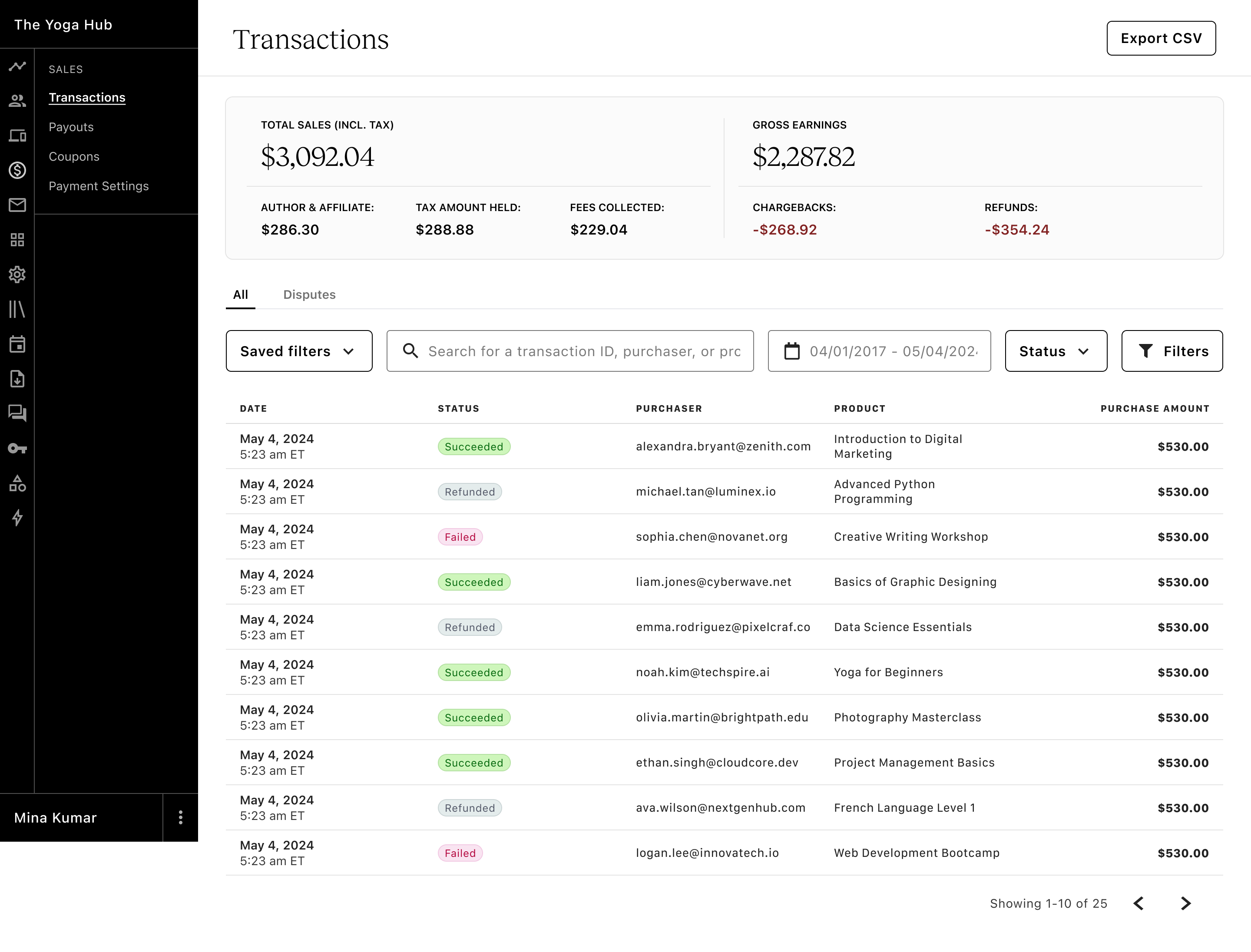 Custom transactions table with purchaser, product, earnings breakdown, and saved filters